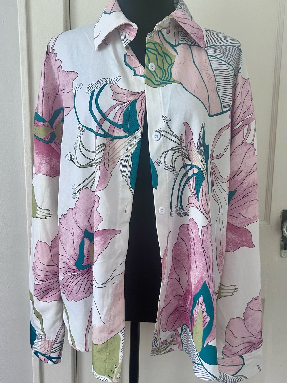 SHEIN White Button-Down Shirt with Pink Floral Print